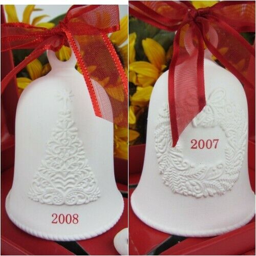 EUC Lot of 2 ~ Hallmark 2007 & 2008 Porcelain Bell Christmas Ornament Xmas