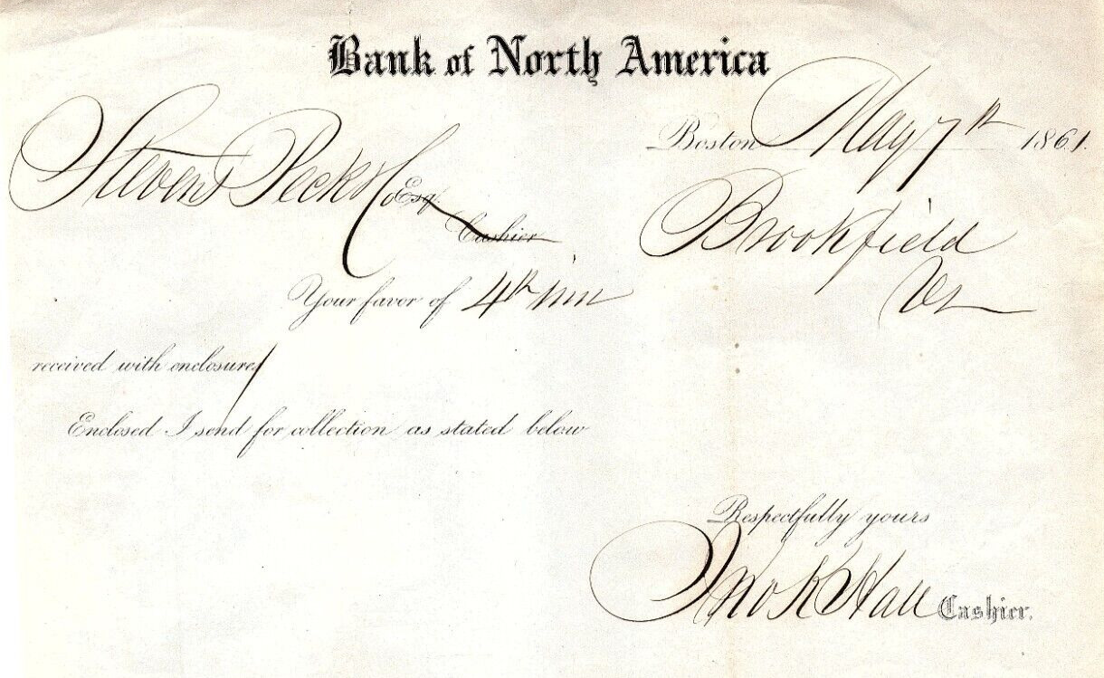 1861 CIVIL WAR ERA BANK OF NORTH AMERICA BOSTON MASS CASHIER BILLHEAD Z5897
