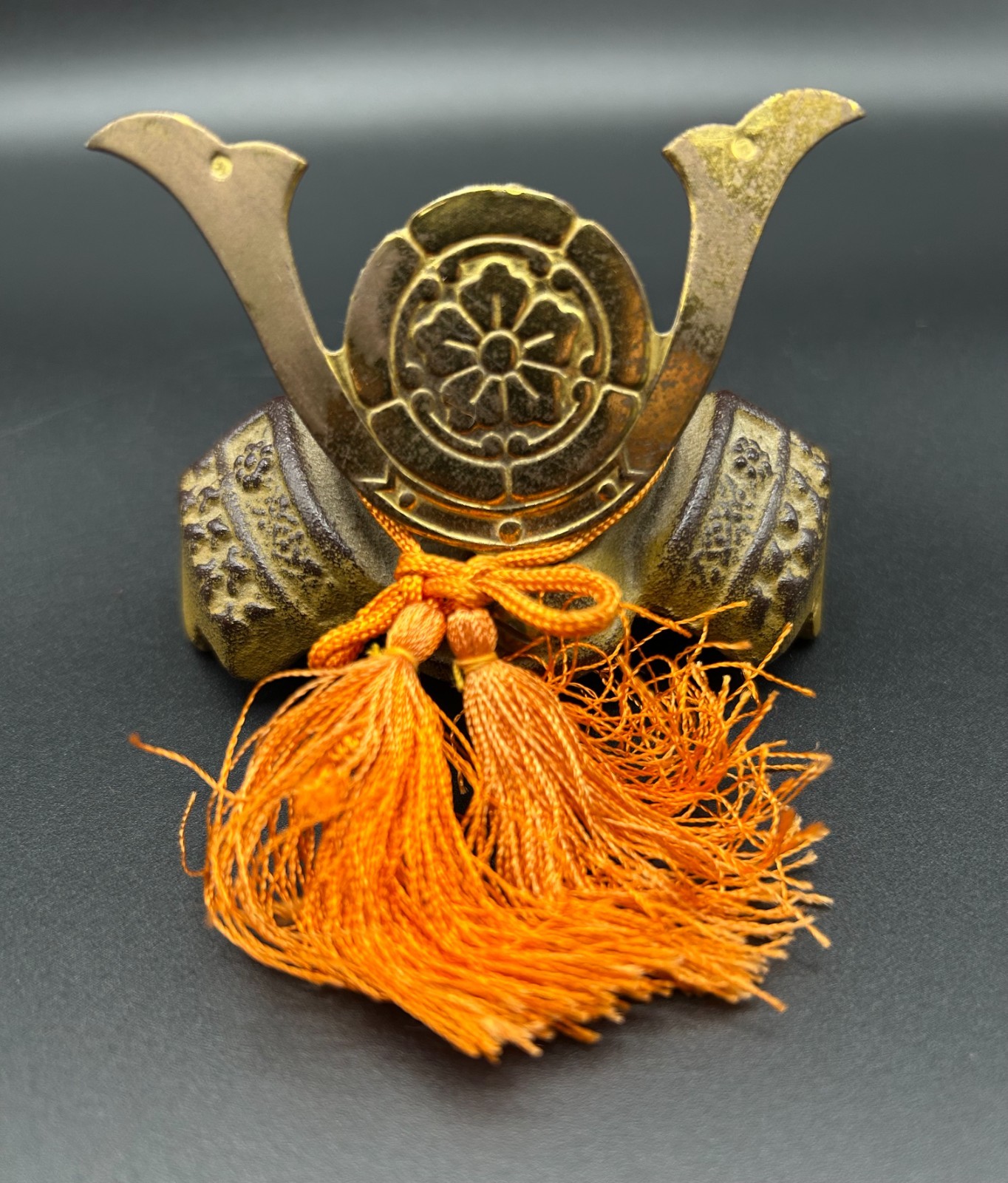 Miniature Japanese Samurai Kabuto Helmet Display Cast Metal Gilt Crest Tassel