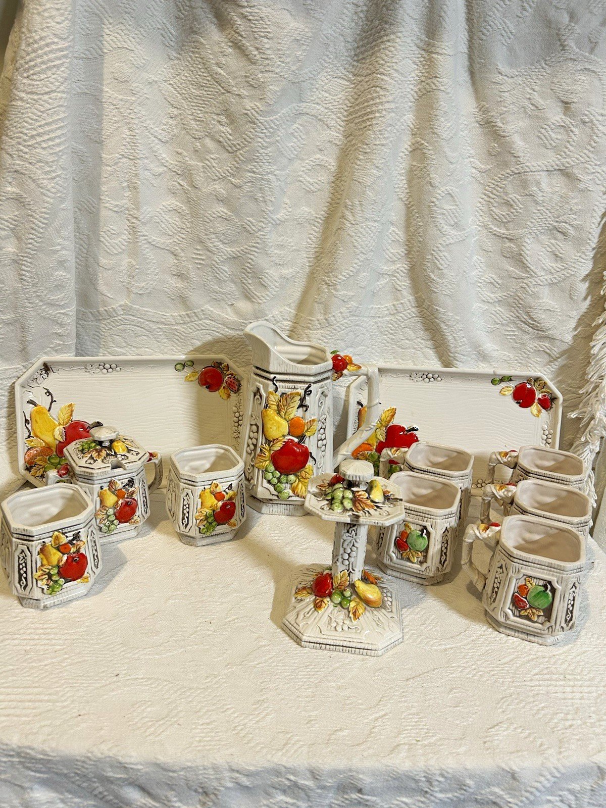 Vtg Midcentury Japan Ceramic New Trends Pitcher, 5 cups, cream/sugar, 2 trays Vtg Midcentury Japan Ceramic New Trends Pitcher, 5 cups, cream/sugar, 2 trays