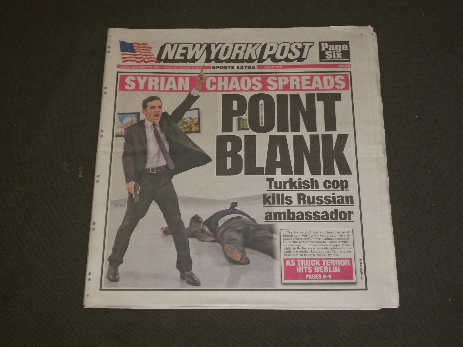 2016 DECEMBER 20 NEW YORK POST NEWSPAPER - TURKISH COP KILLS RUSSIAN AMBASSADOR