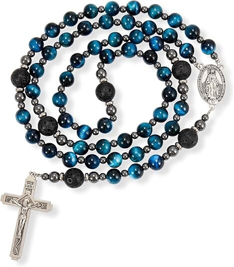 Men\'s Blue Tiger Eye Rosary with Lava Beads Cross & Miraculous Medal