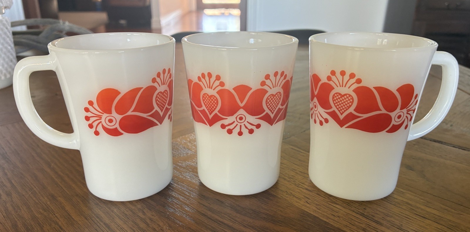 Pristine Vintage JAJ Pyrex Red Folk Art Mugs Set of 3 - Milk Glass England 1978
