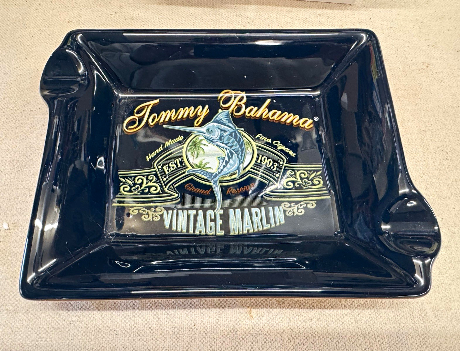 Tommy Bahama Vintage Marlin Square Black Glass Tobacco Ashtray w/ Box