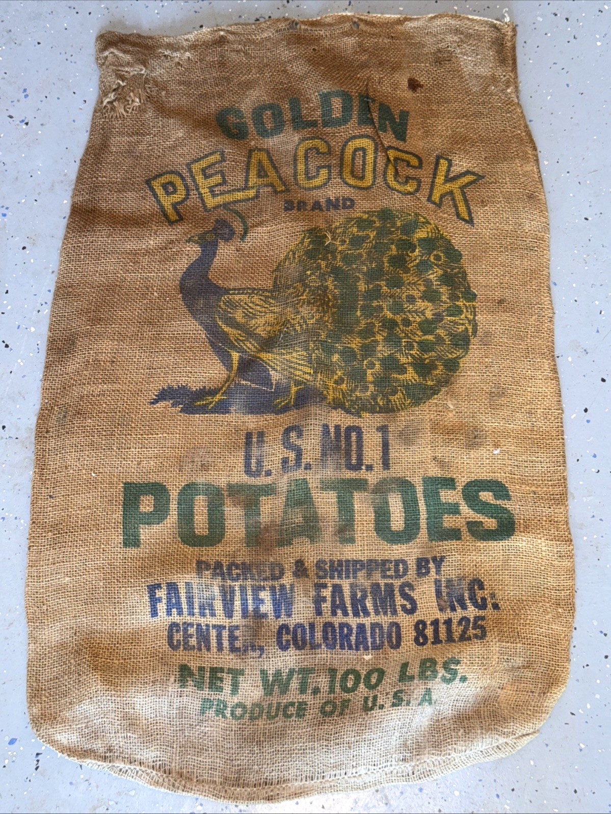 VTG Golden Peacock Colorado Potatoes Burlap Bag 100 lb Gunny Sack Rare Antique
