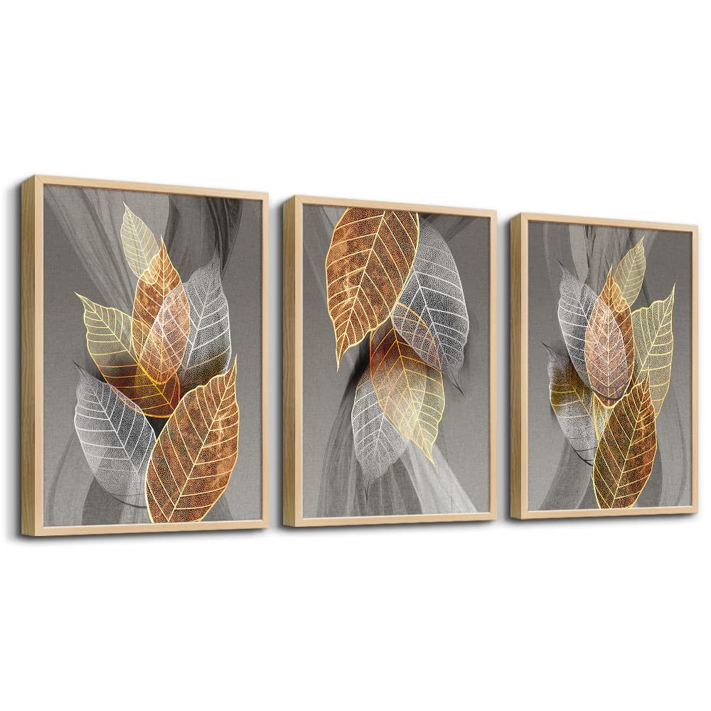 Hyidecorart Natural Wood Framed 3 Piece Abstract Leaves Wall Art