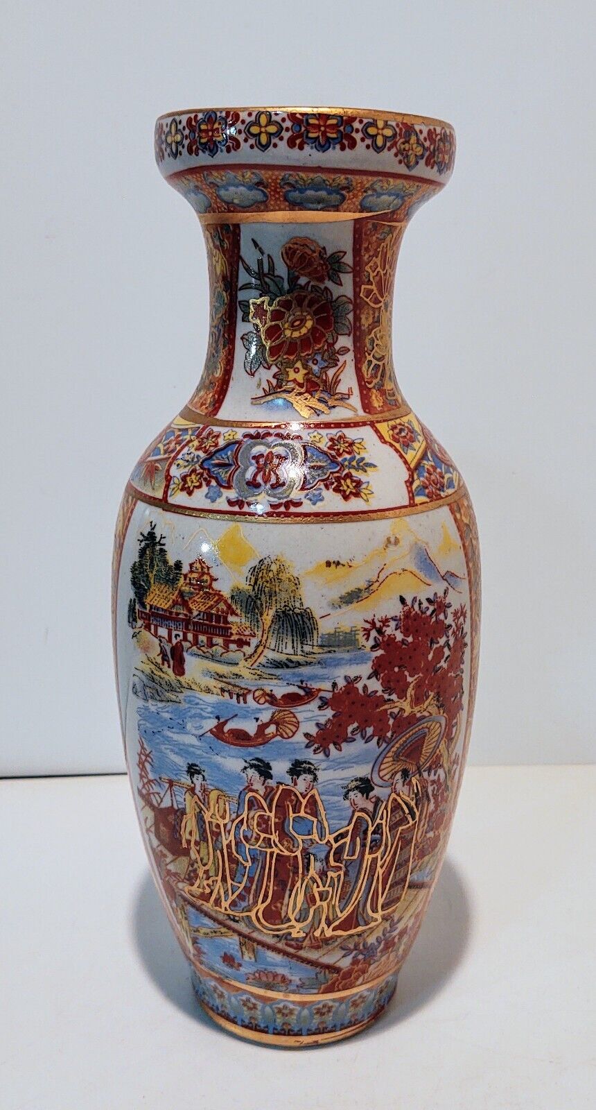  Vintage Chinese Moriage Pottery Vase Multicolored Hand Painted Water Scene