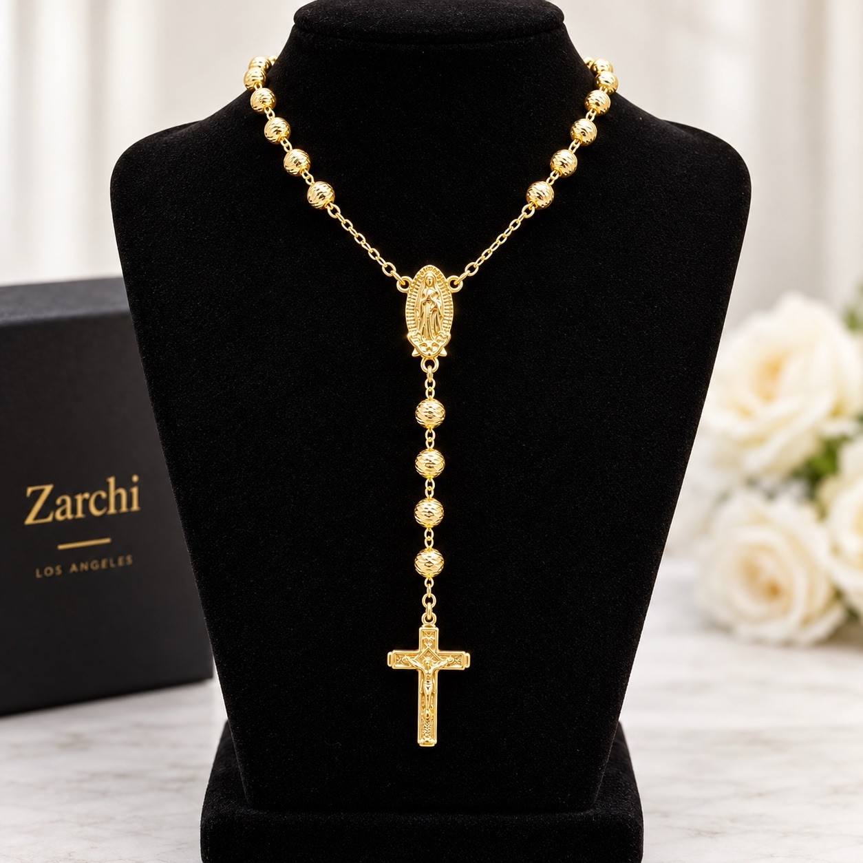 Rosary Necklace 14k Gold Plated 6Mm Beaded Guadalupe& Jesus Cross