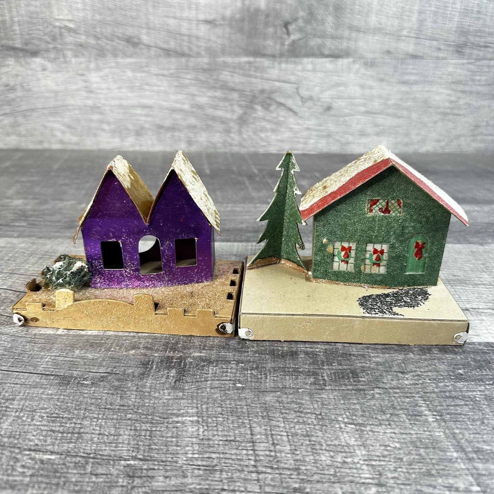 Vintage Putz Christmas Village Houses Cardboard Mica Glitter Tree Lot Of 2