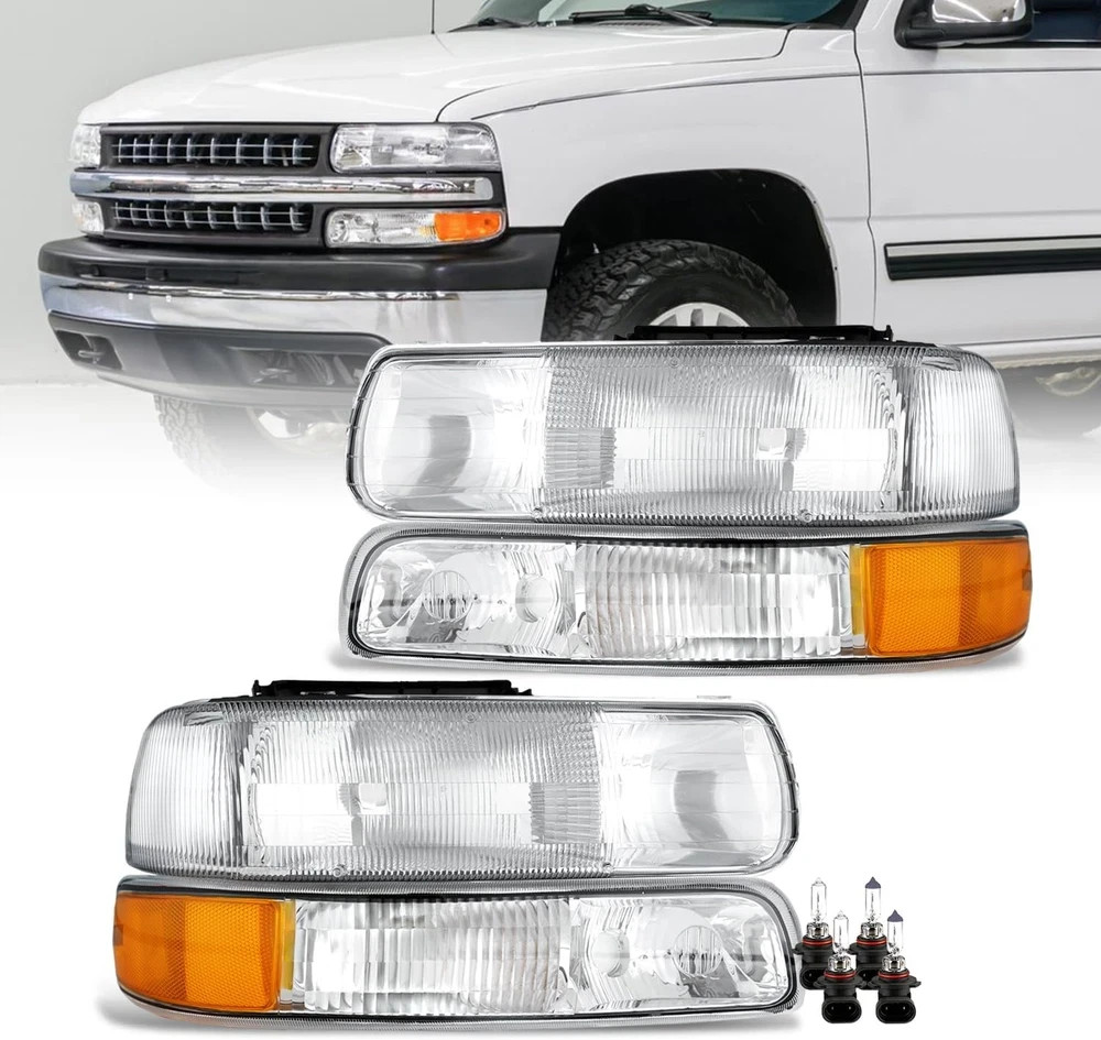 Headlights Assembly with Bulbs for 1999 2000 2001 2002 Chevy Silverado 1500 2500