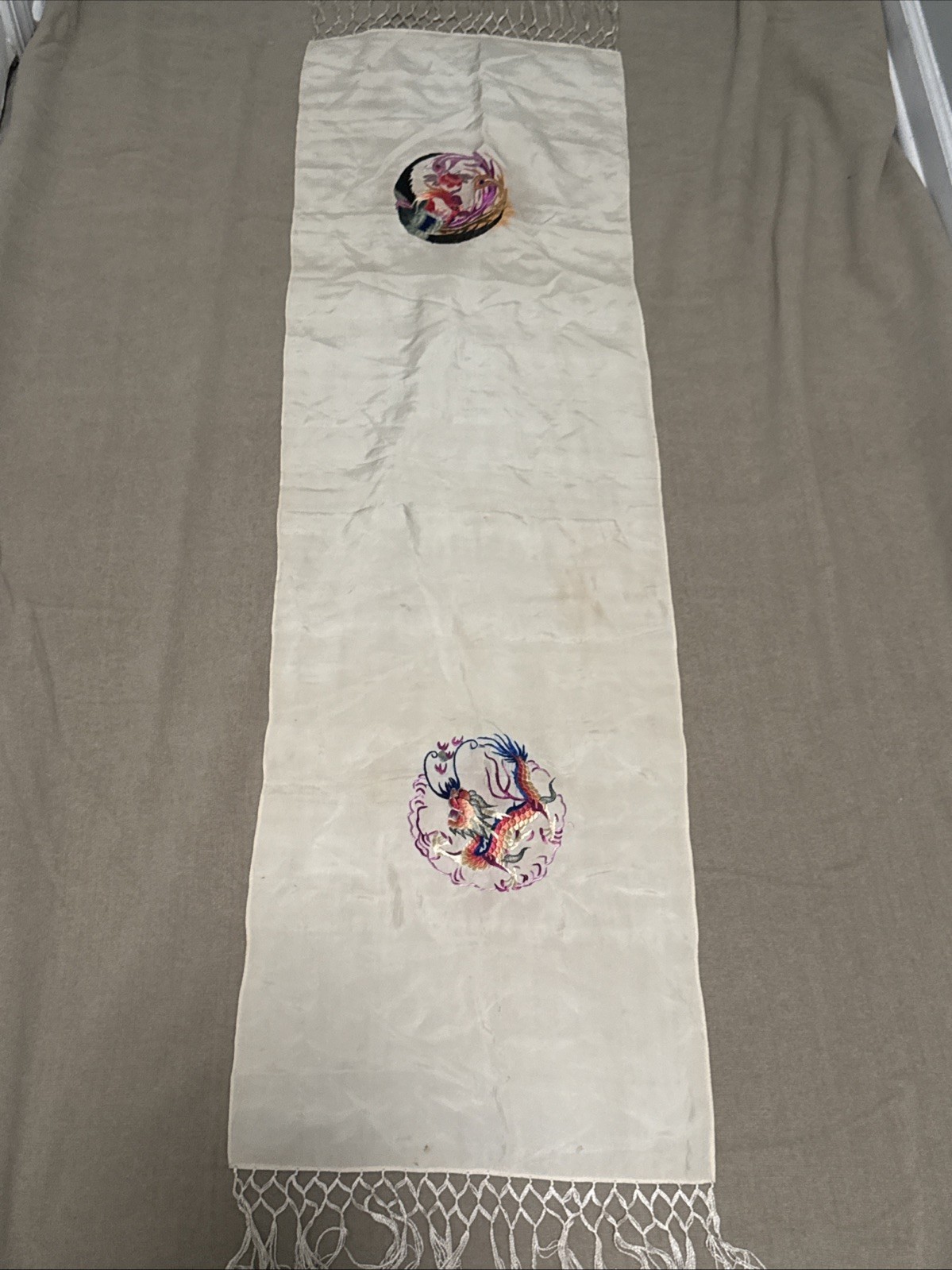 1940s Japan Occupation Silk Obi Table Runner Phoenix Medallions