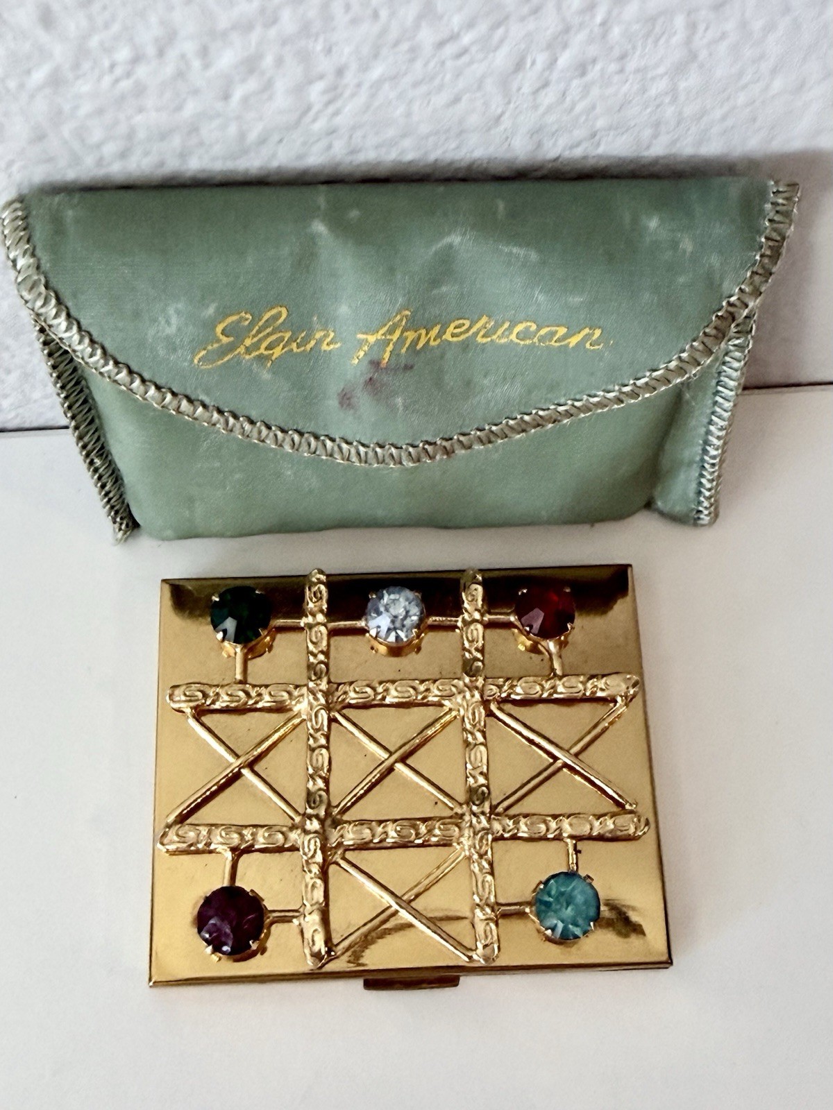 Vintage Elgin American Jeweled Compact Case with Original Pouch & Puff As-Is