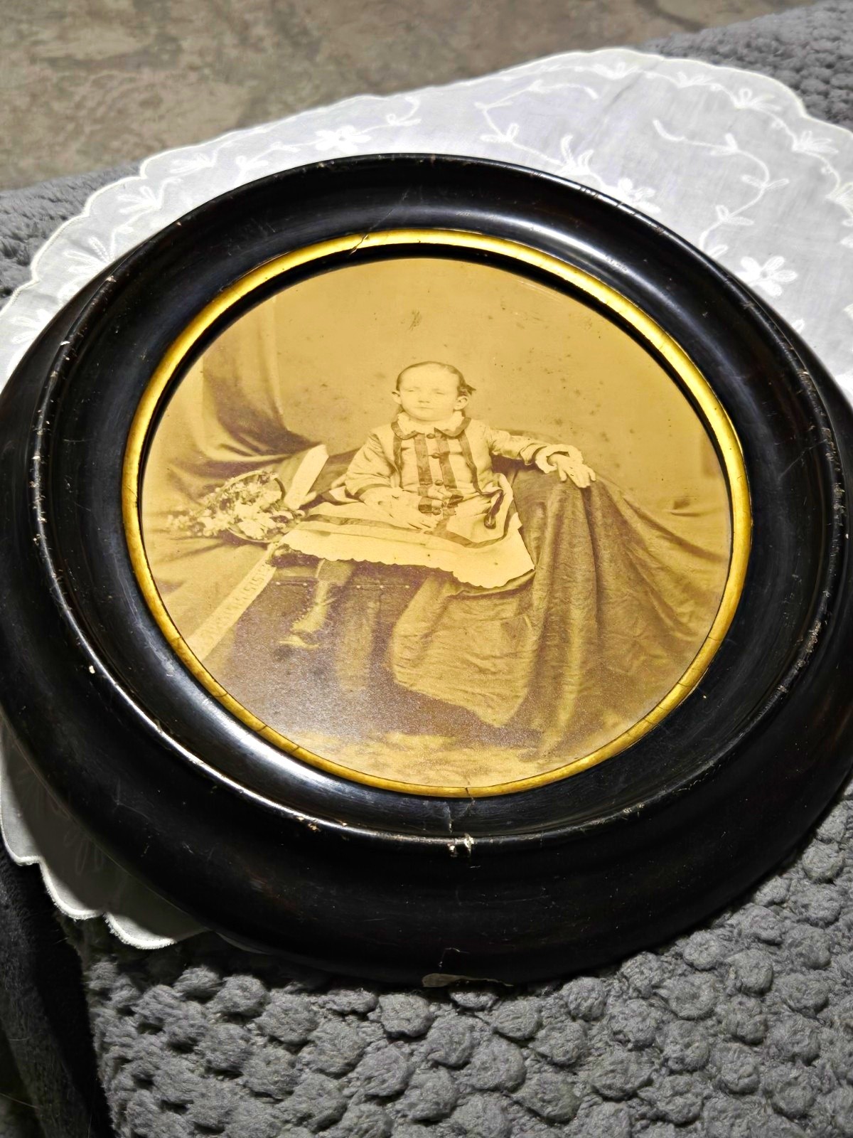 Sepia Oval Walnut Framed Portrait Photograph of Child Gold Lined 1860-1900
