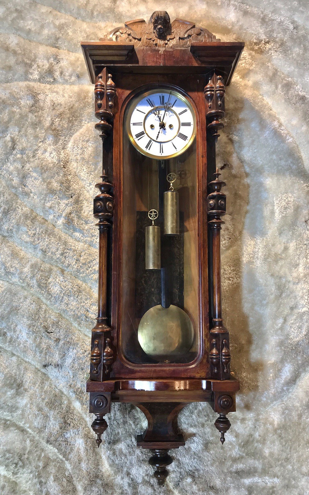 Vintage Antique Germany Striking Vienna Clock,2 Brass Weight,unusual Walnut Case