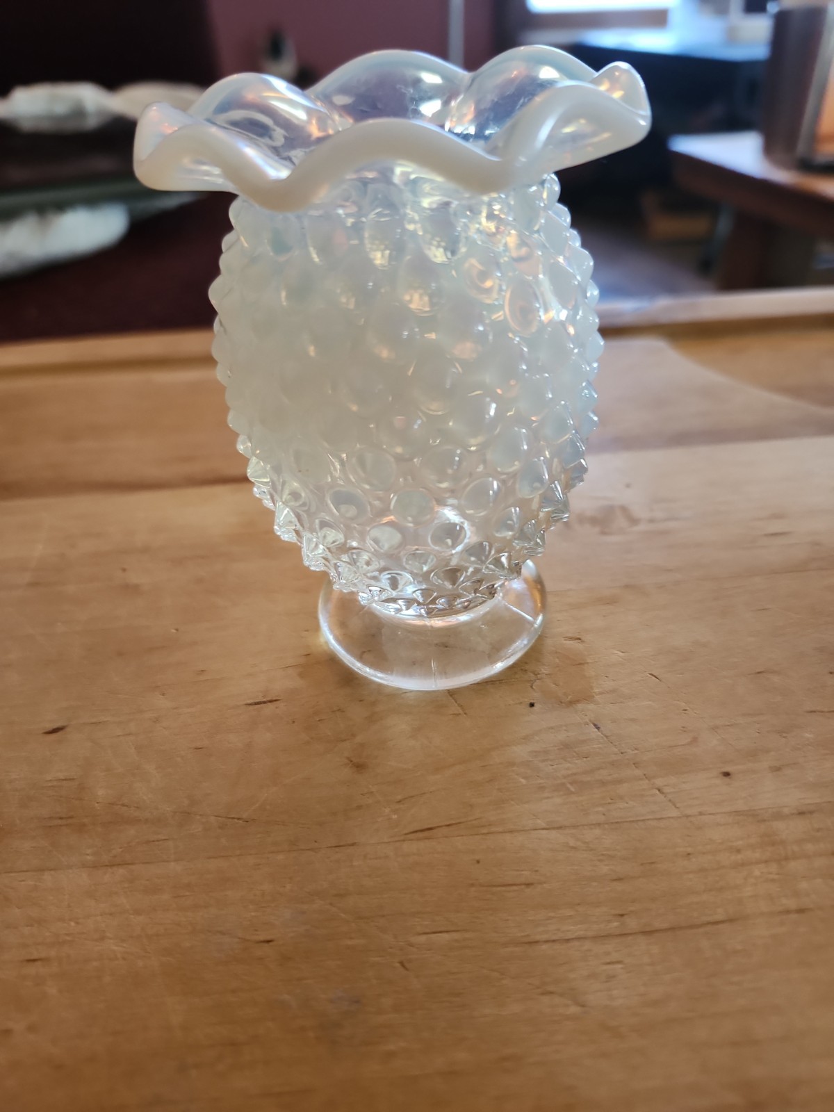 Ventage Fenton French Opalescent Hobnail miniature ruffled vase Excellent Shape