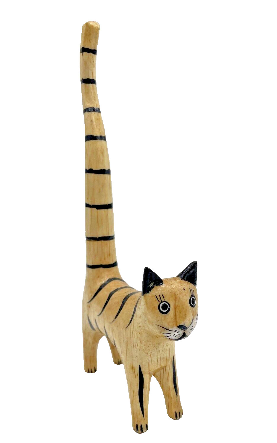 VINTAGE FOLK ART CAT FIGURE LONG TAIL CARVED WOOD RING HOLDER 8\