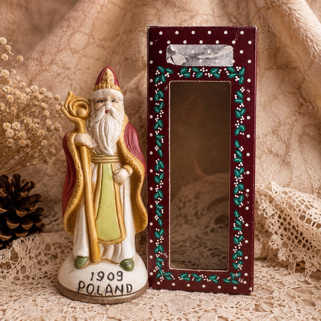 Vintage St. Nicholas 1909 Poland Bisque Porcelain Christmas Figure w/ Box 5”