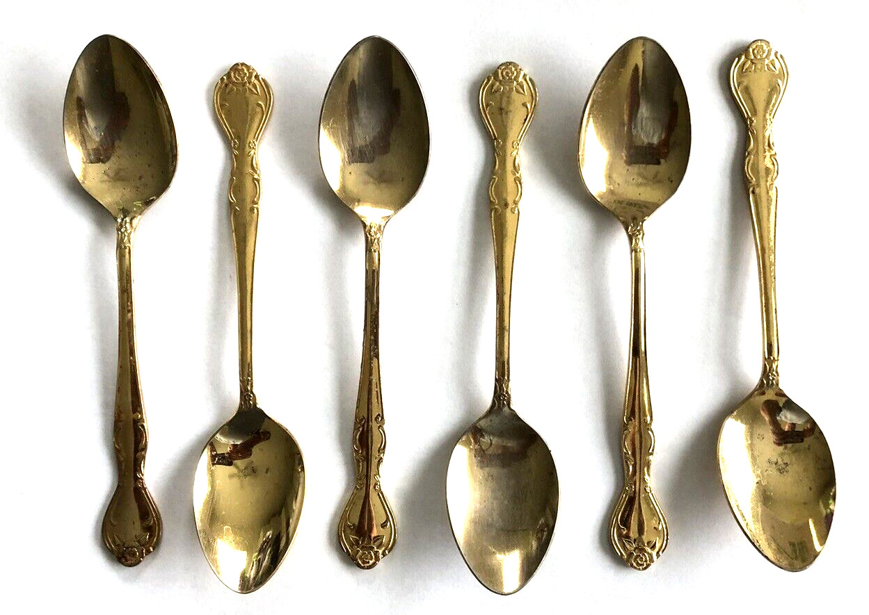 VINTAGE SET OF 6 NASCO STAINLESS STEEL NORMA JAPAN GOLD TONED FLATWARE SPOONS
