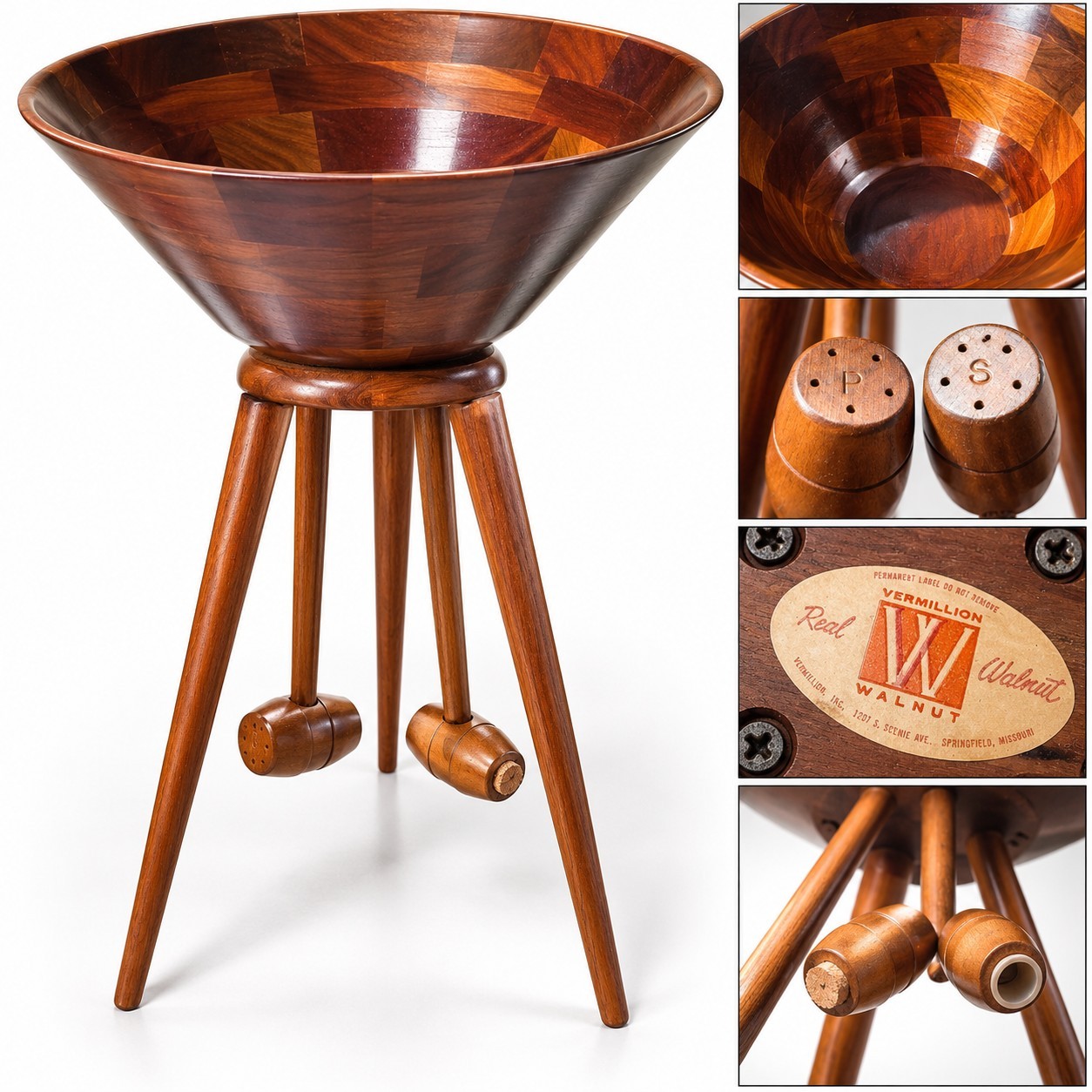 🇺🇸 Vintage Vermillion Walnut MCM Tripod Salad Bowl W Shakers USA Mid Century