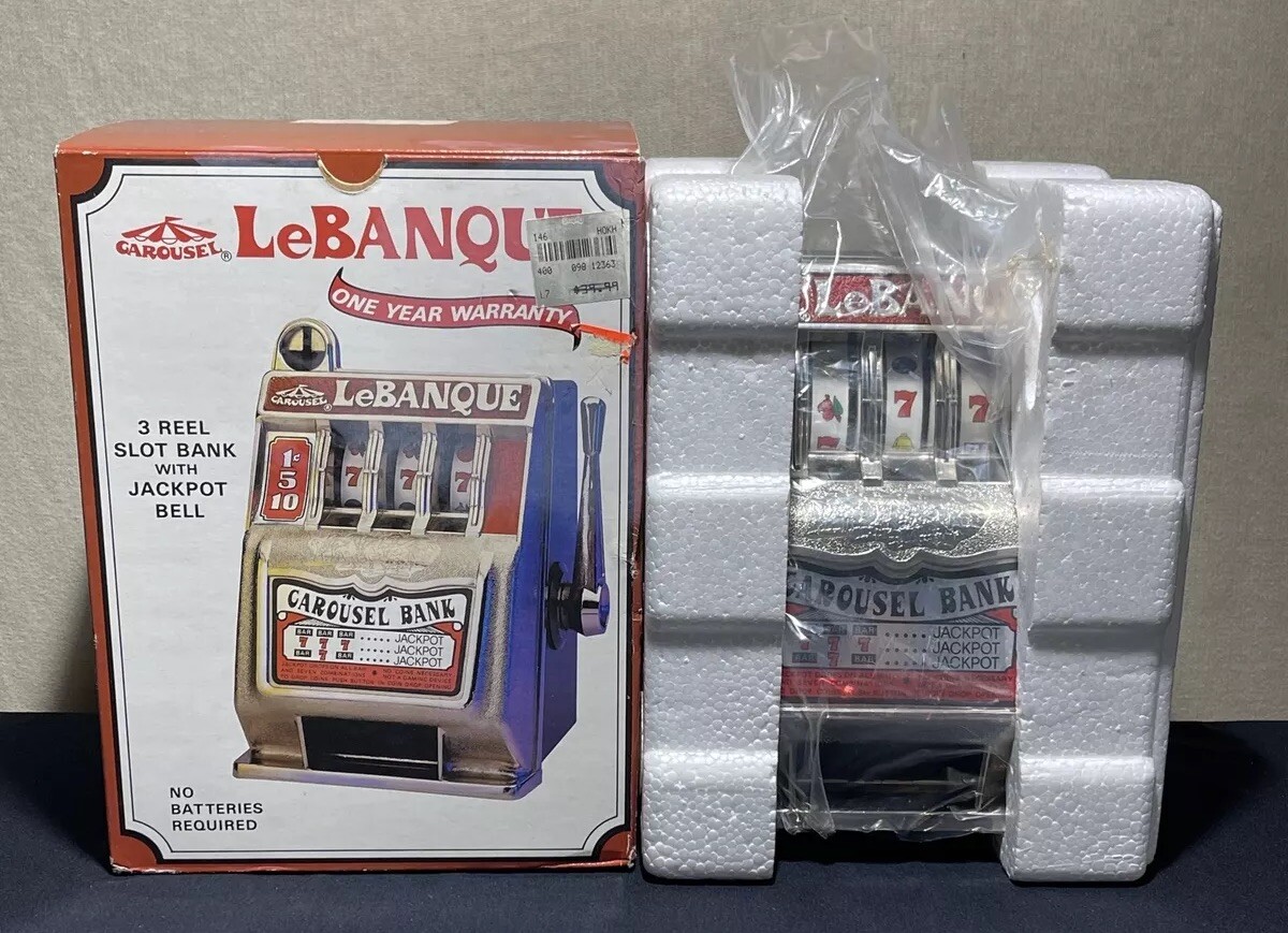 1986 Metal Carousel LeBANQUE  777 Slot Machine Coin Bank w/ Box Hong Kong