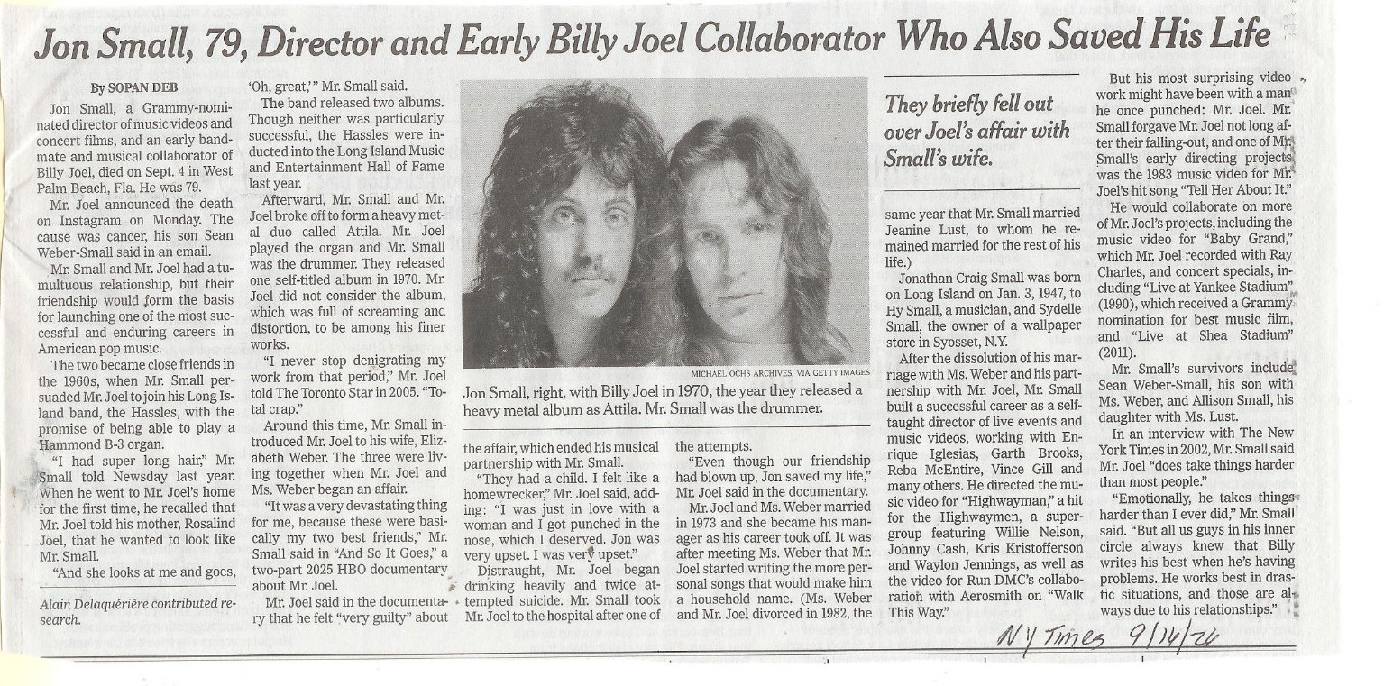 Jon Small Obituaary - N.Y.Times - Director & billy Joel Collaborator Sept 2026