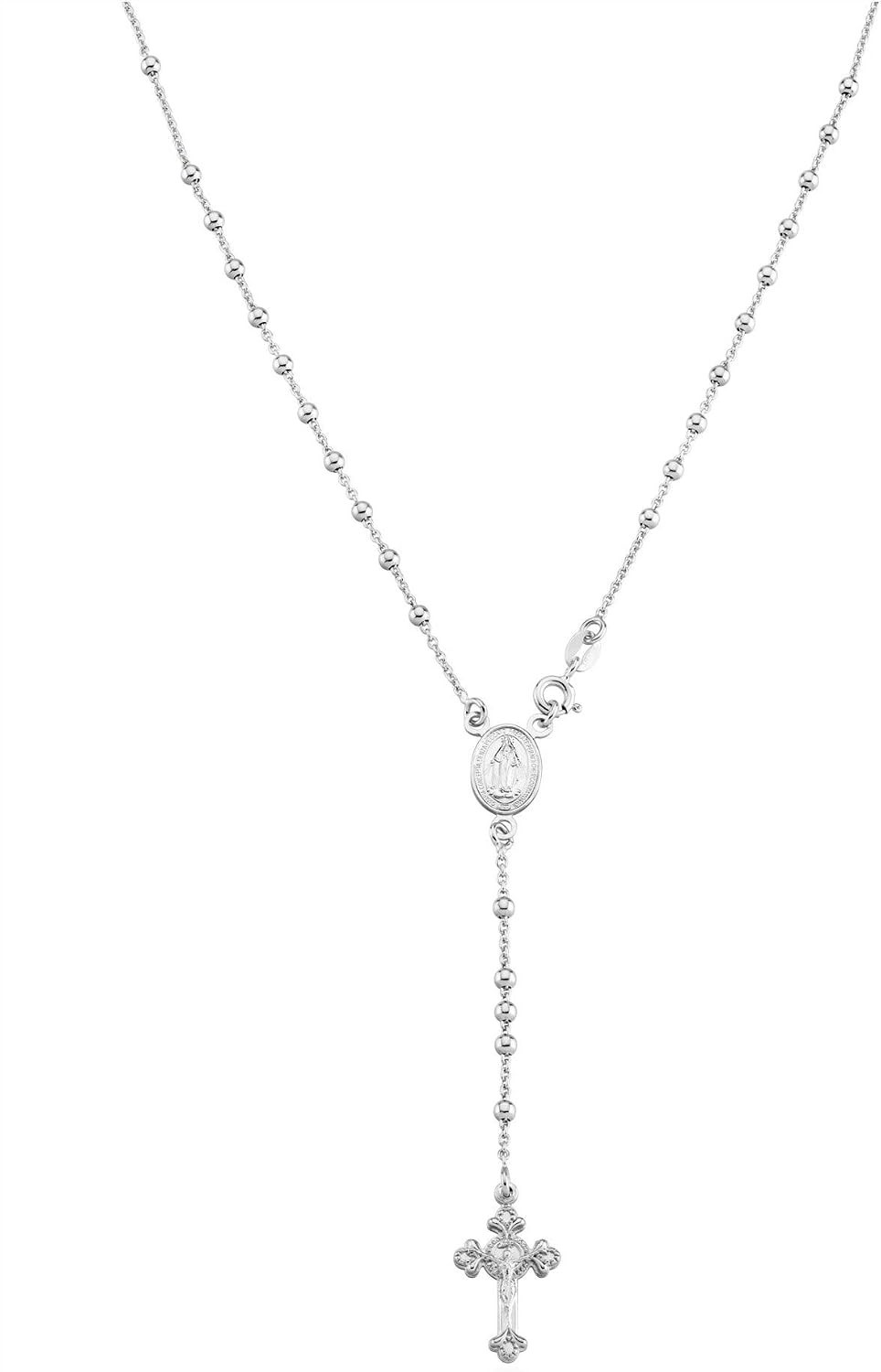 925 Sterling Silver Italian Rosary Bead Cross Y Necklace Chain