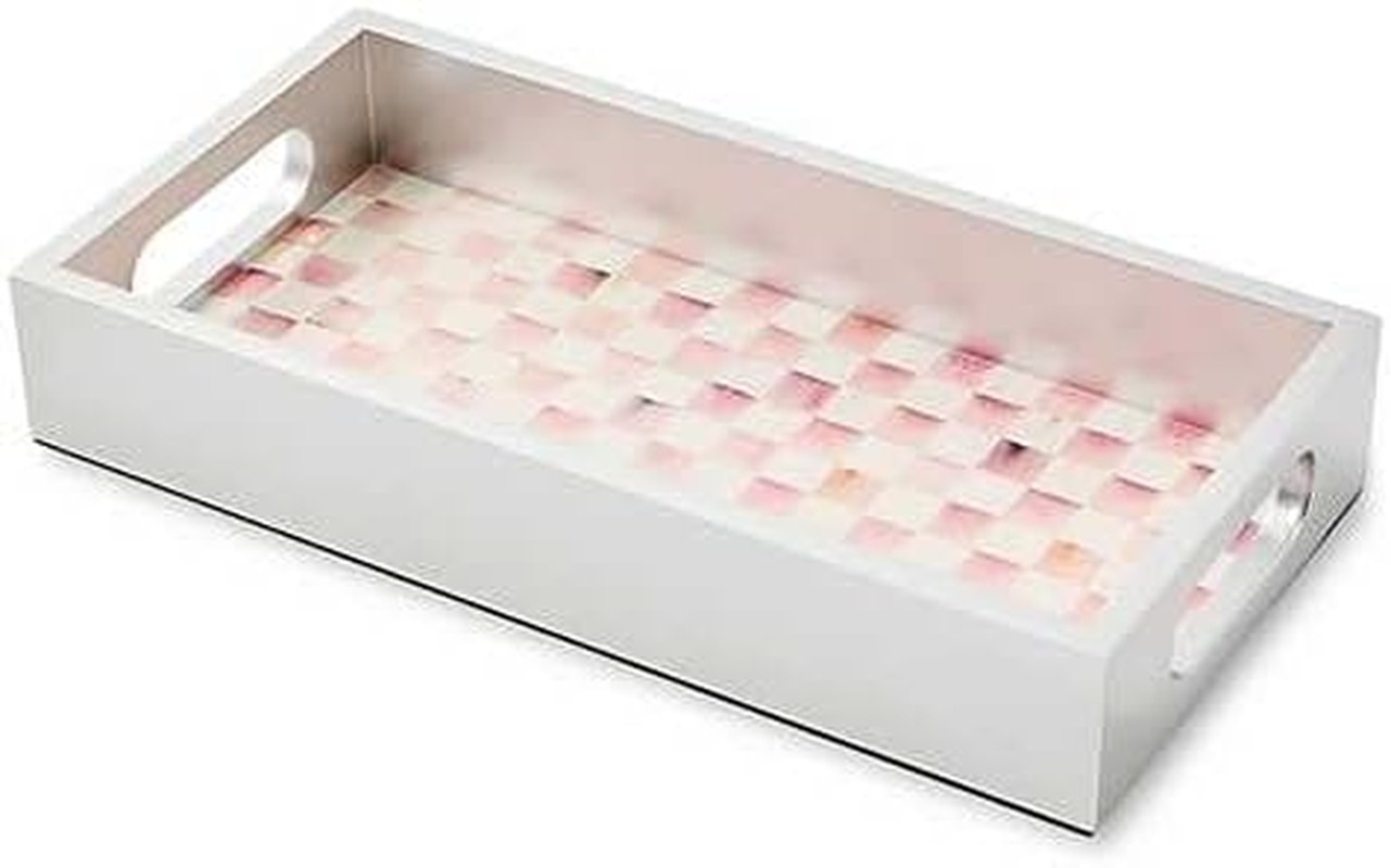 Chic Pink & White Rosy Check Glass Vanity Tray for Elegant Bathrooms