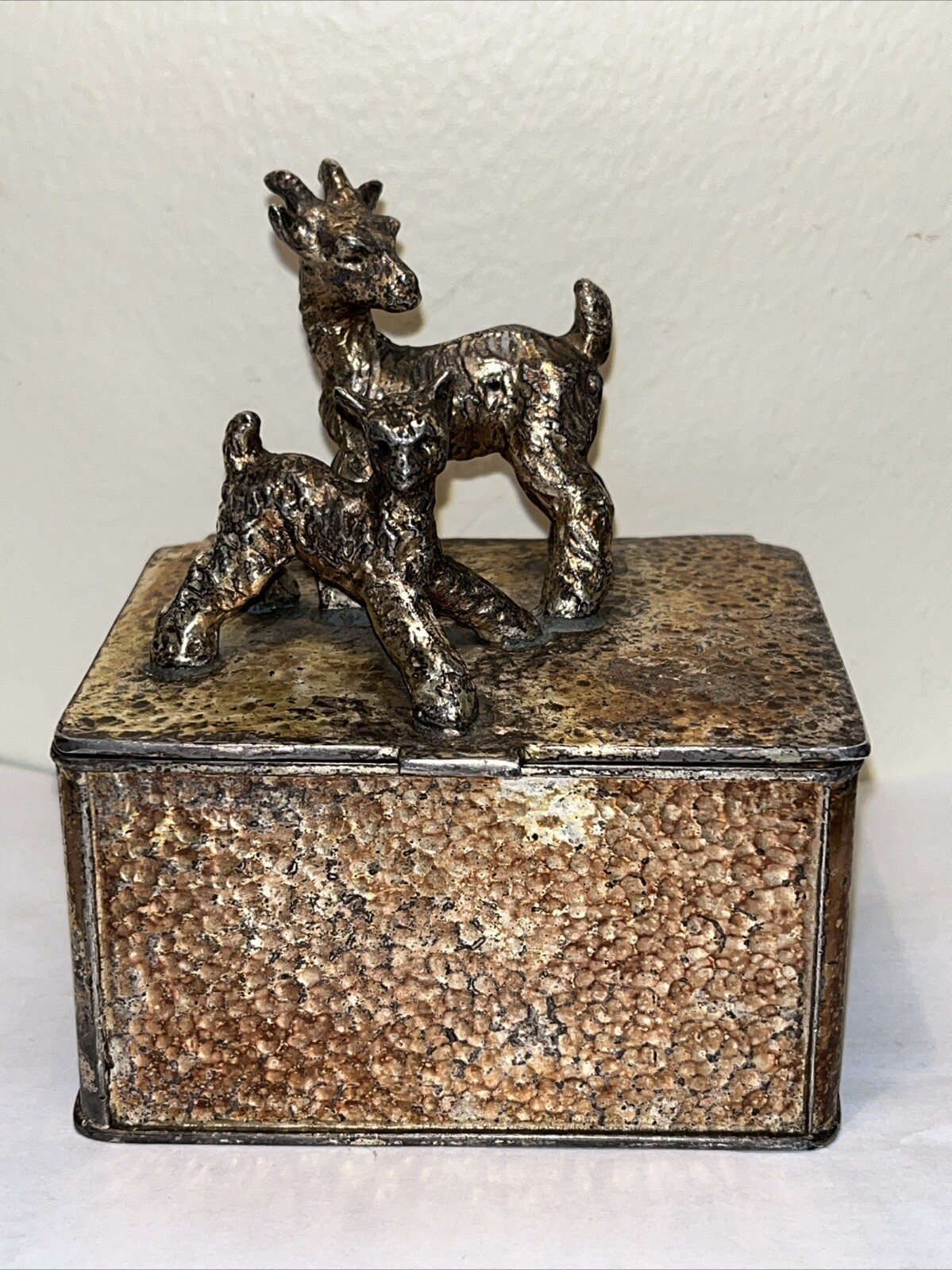 Vtg. W.B MFG CO Hammered Metal Goat W/Baby Figures Art Deco Jewelry /Trinket Box
