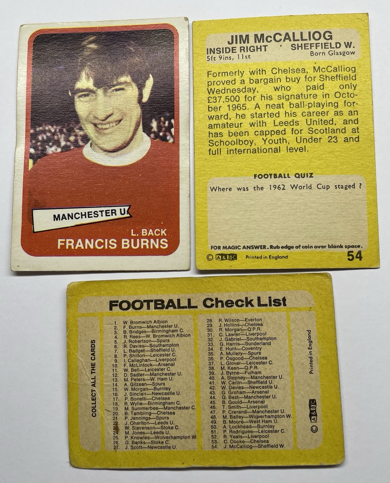A&BC 1968/69 Yellow Back Footballer Cards