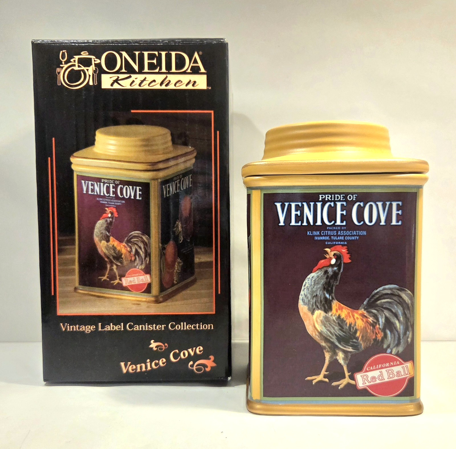 Oneida Vintage Label Collection Venice Cove Rooster Ceramic Canister w/ Lid