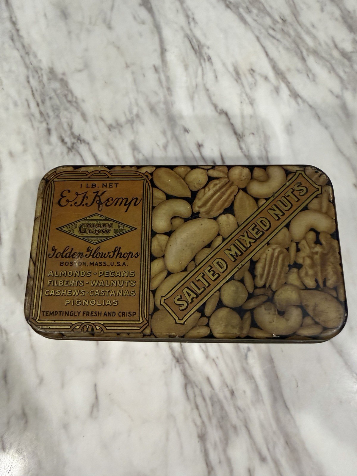 1920s E.F. Kemp Golden Glow Salted Mixed Nuts Tin Boston MA Advertising