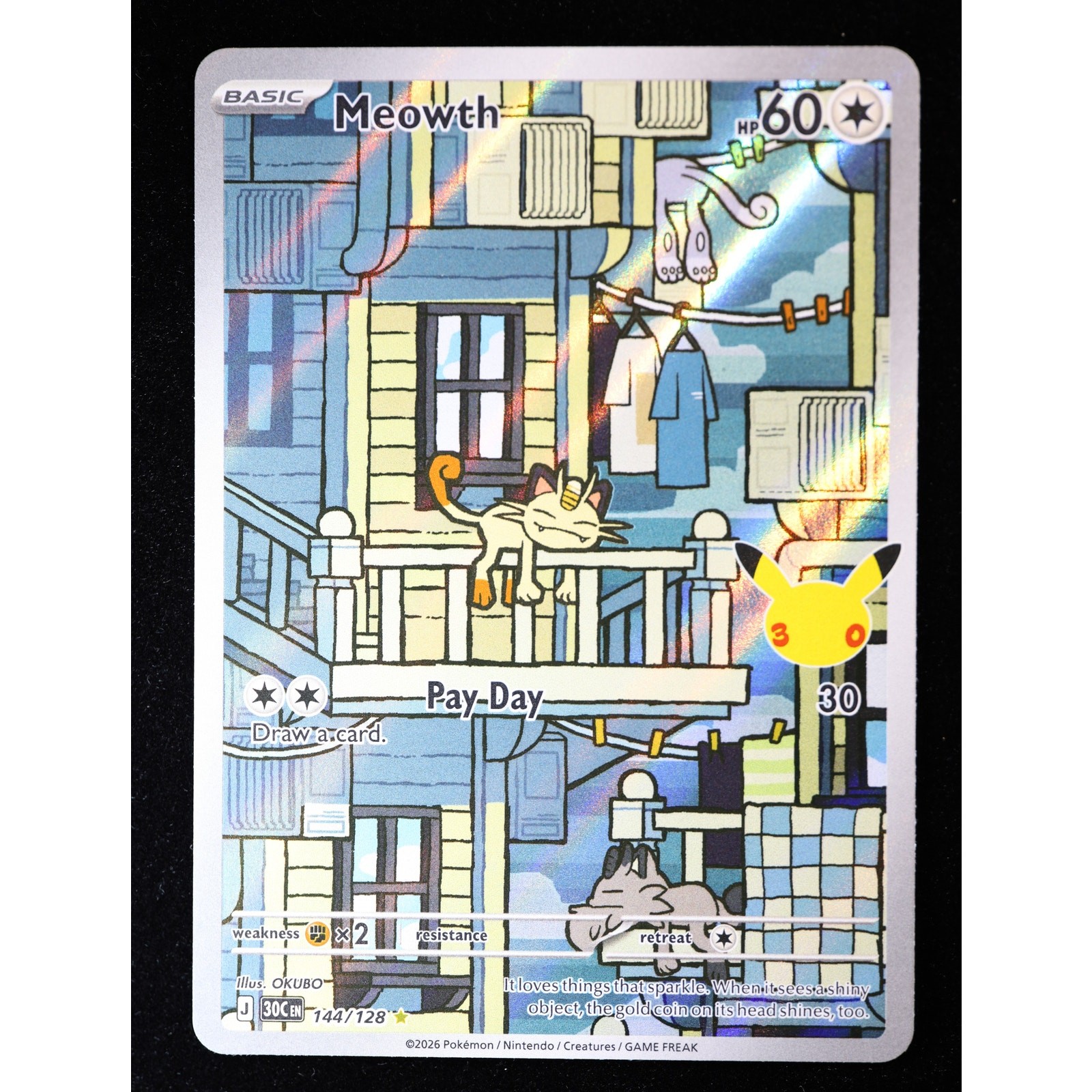 Pokemon Meowth 144/128 Illustration Rare 30th Celebration Holo NM
