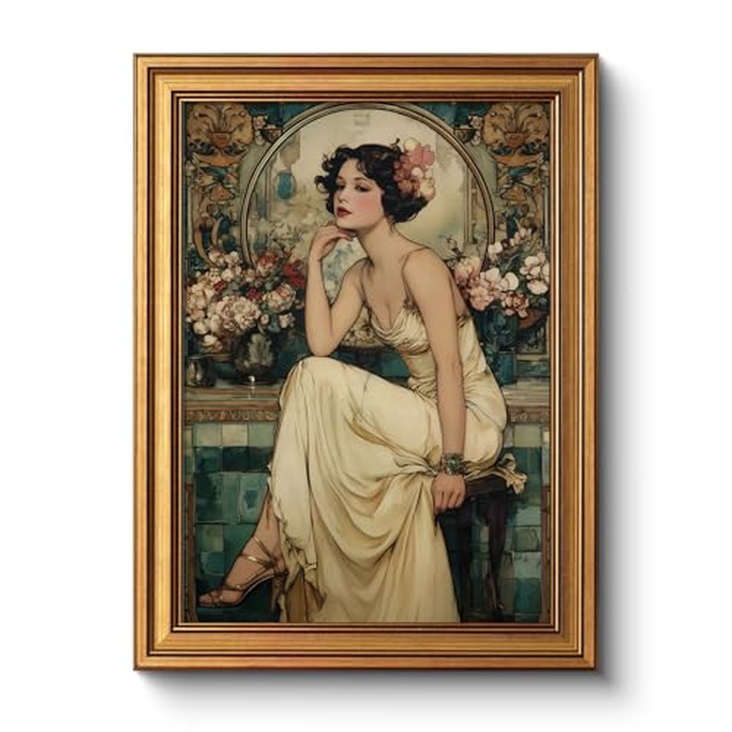 WHASAYART Vintage Woman Flower Painting with Gold Frame Wall Art 12x16 Inch, ...