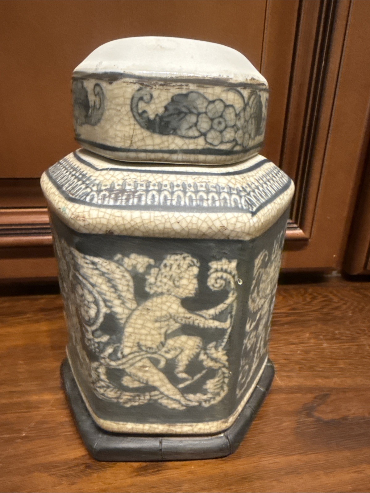Vintage Porcelain Stoneware Canister Jar Hexagon Cherub Ornate Figural