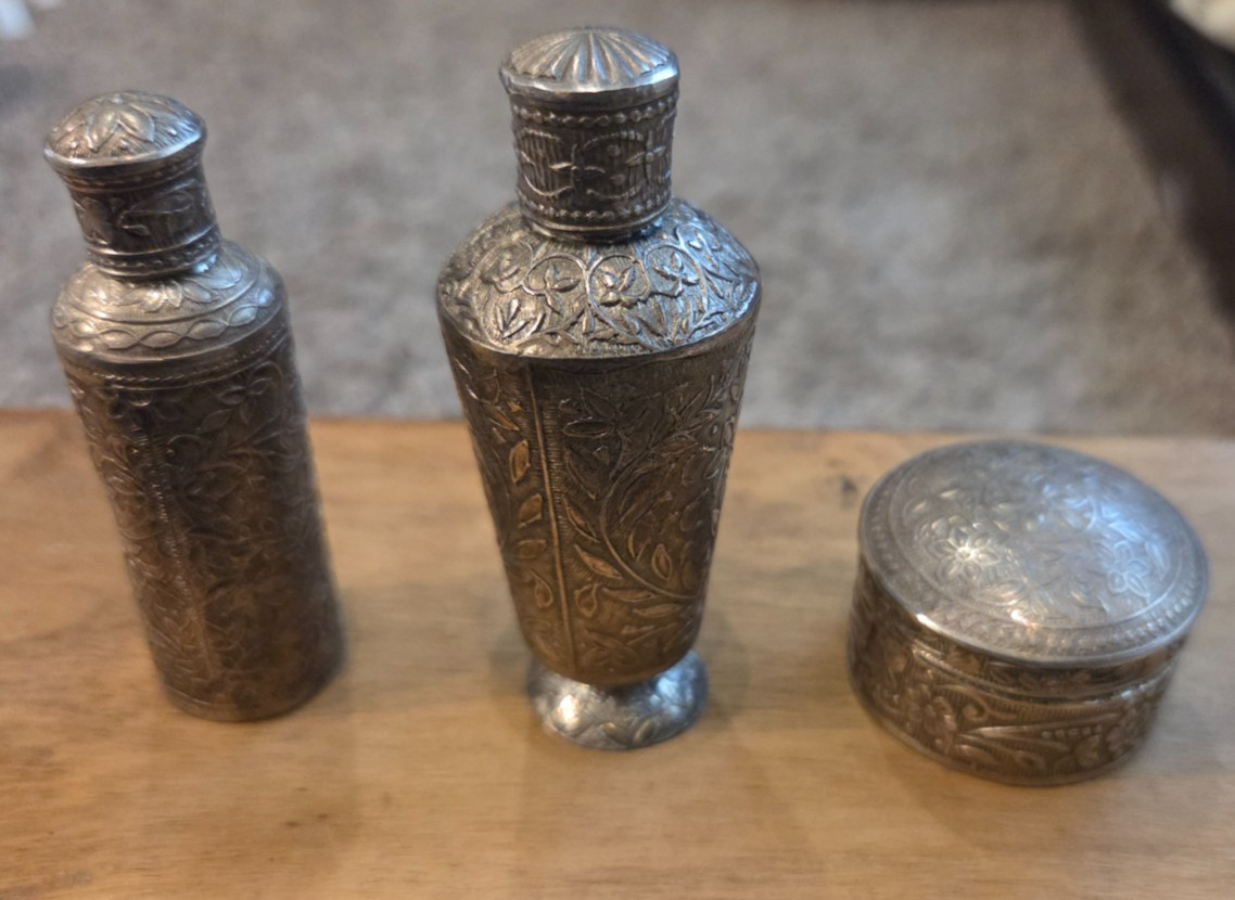 Silver 3 Piece Set 800 Attar Bottles & Trinket Sindur Box Ornate Antique Stamped