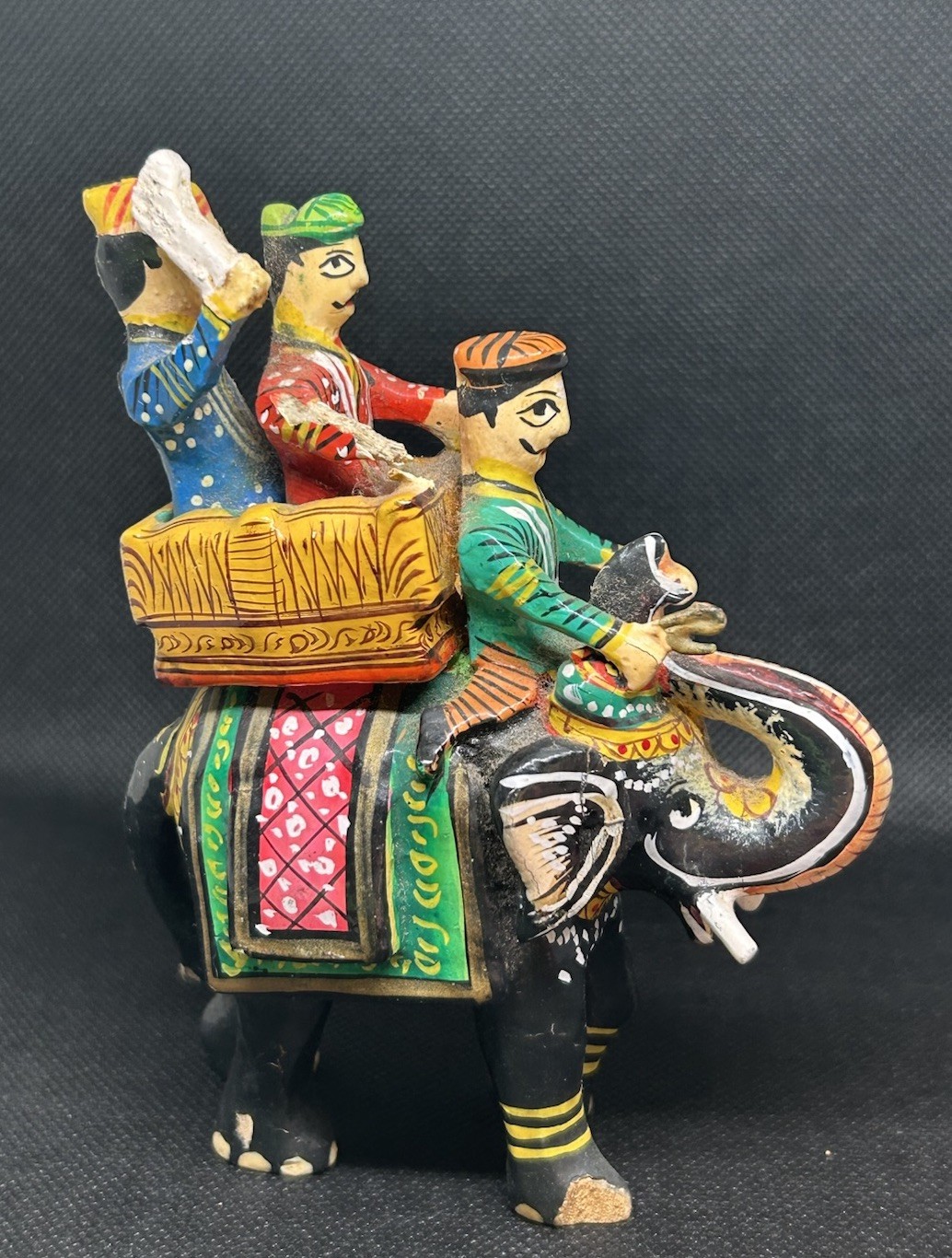 Vintage Hand Painted Wooden Indian Ambabari Royal Elephant Howdah Figurine