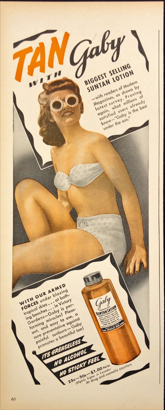 1944 Tan With Gaby Suntan Lotion Woman in Vintage Bikini Print Ad
