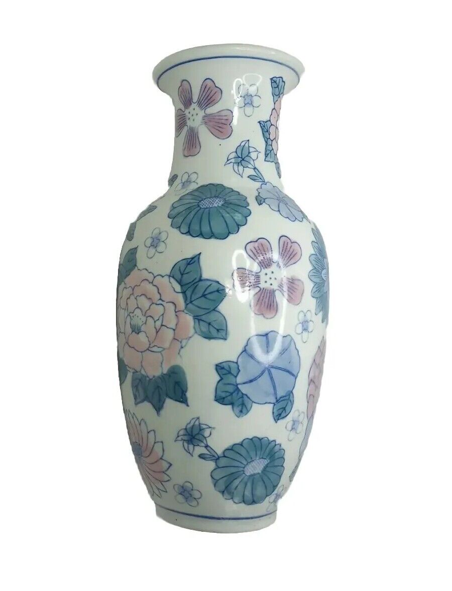 Vintage Oriental Vase Flowers Grapes pink blue green EUC 12 Inch