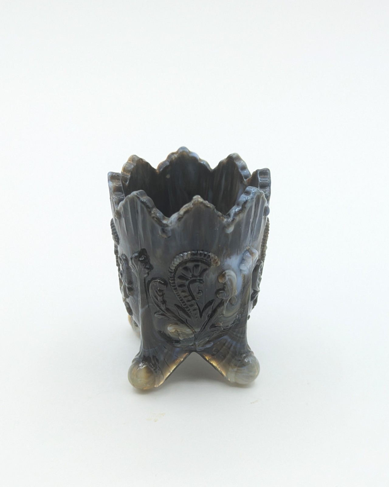 Vintage Northwood Slag  Glass Black Brown Inverted Fan Toothpick Holder