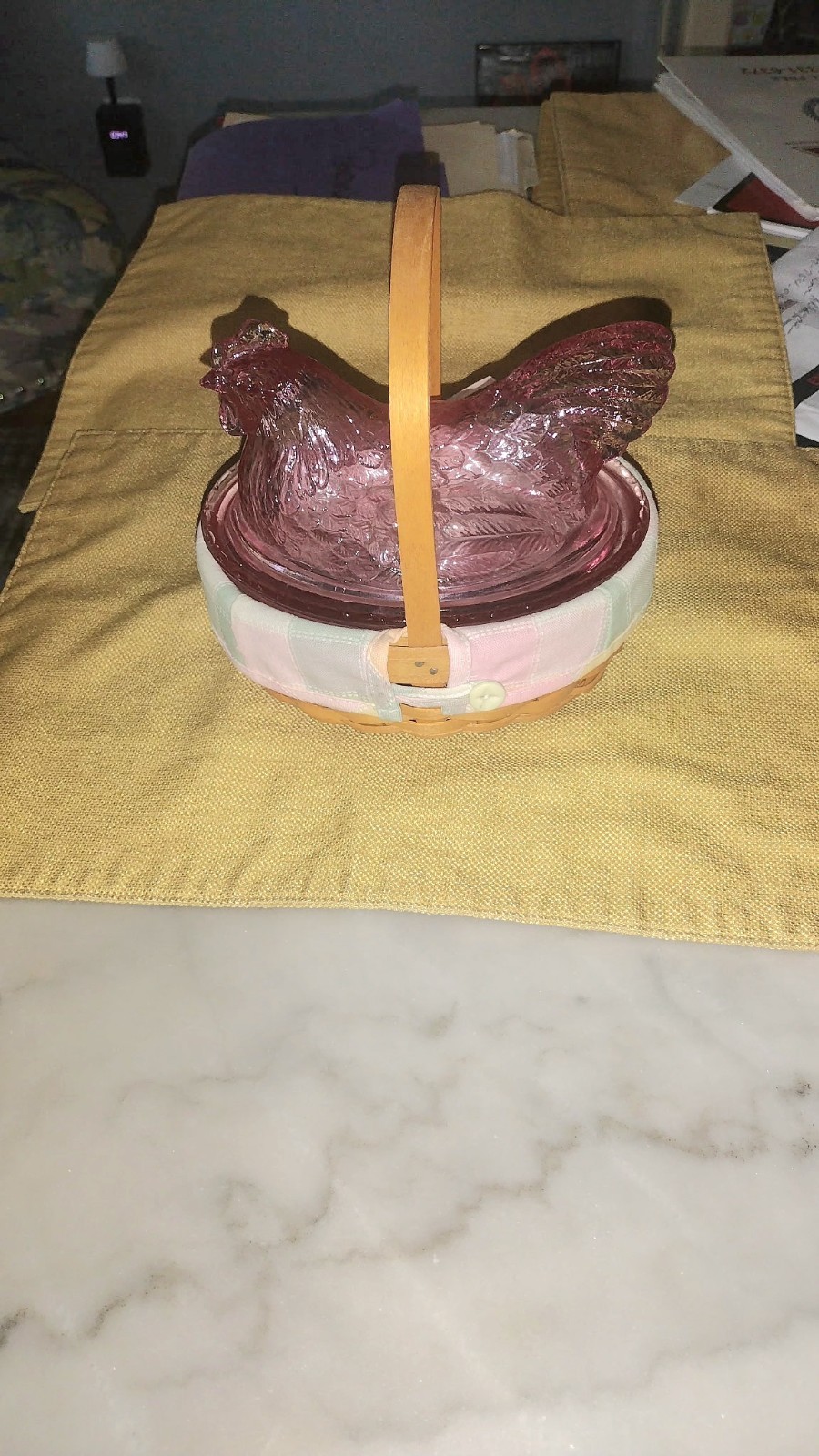 Vintage Longaberger 2002 Pink Glass Hen on a Nest With Basket