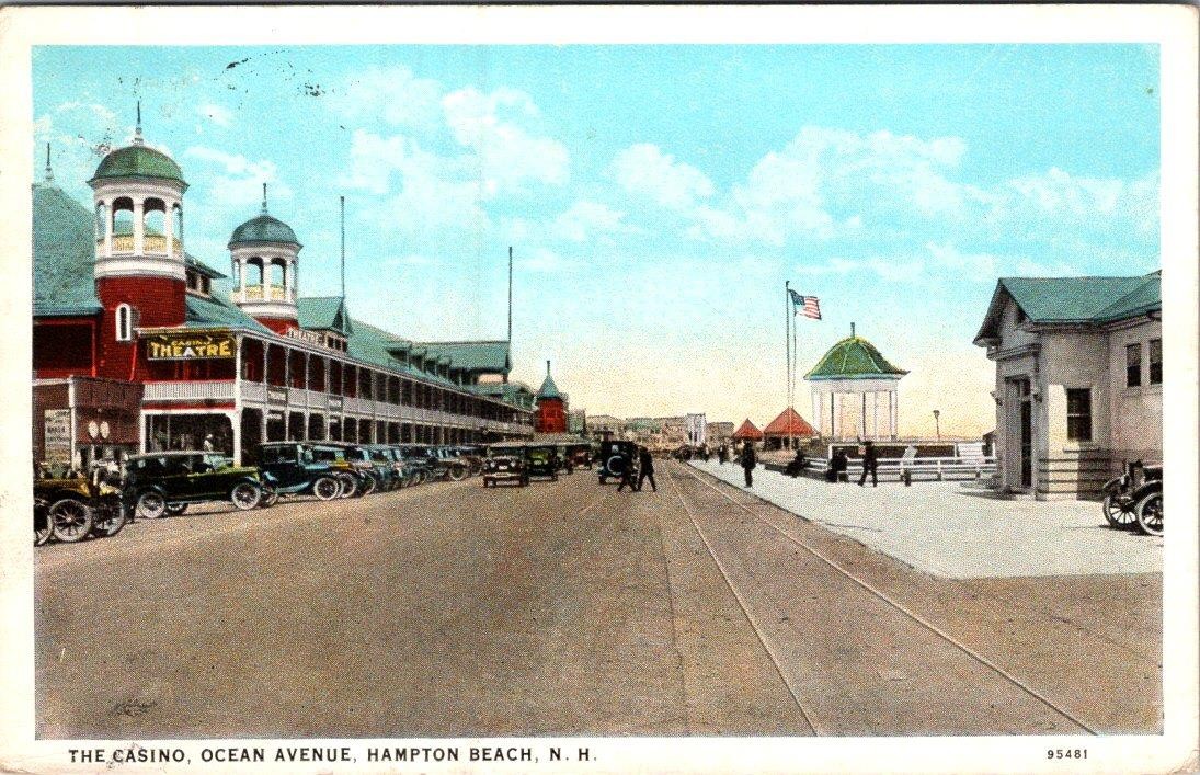 1927 THE CASINO THEATRE OCEAN AVENUE HAMPTON BEACH NH OLD CARS POSTCARD