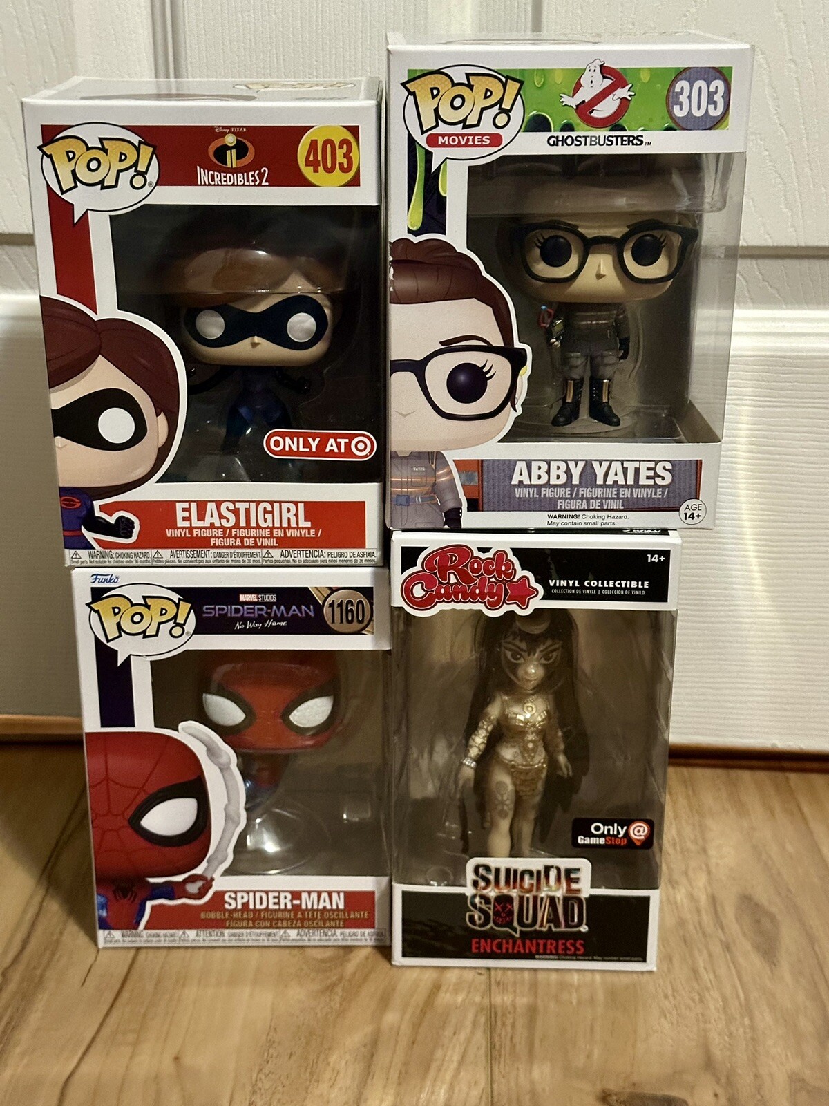 Funko Pop Lot Of 4 Spiderman #1160, Elastigirl #403, Abby Yates #303, Enchantres