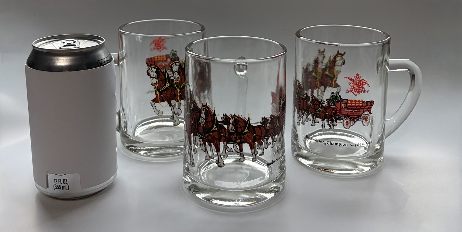 Vintage Pair of (3) BUDWEISER Champion CLYDESDALES Horses -12 oz Glass Mugs RARE