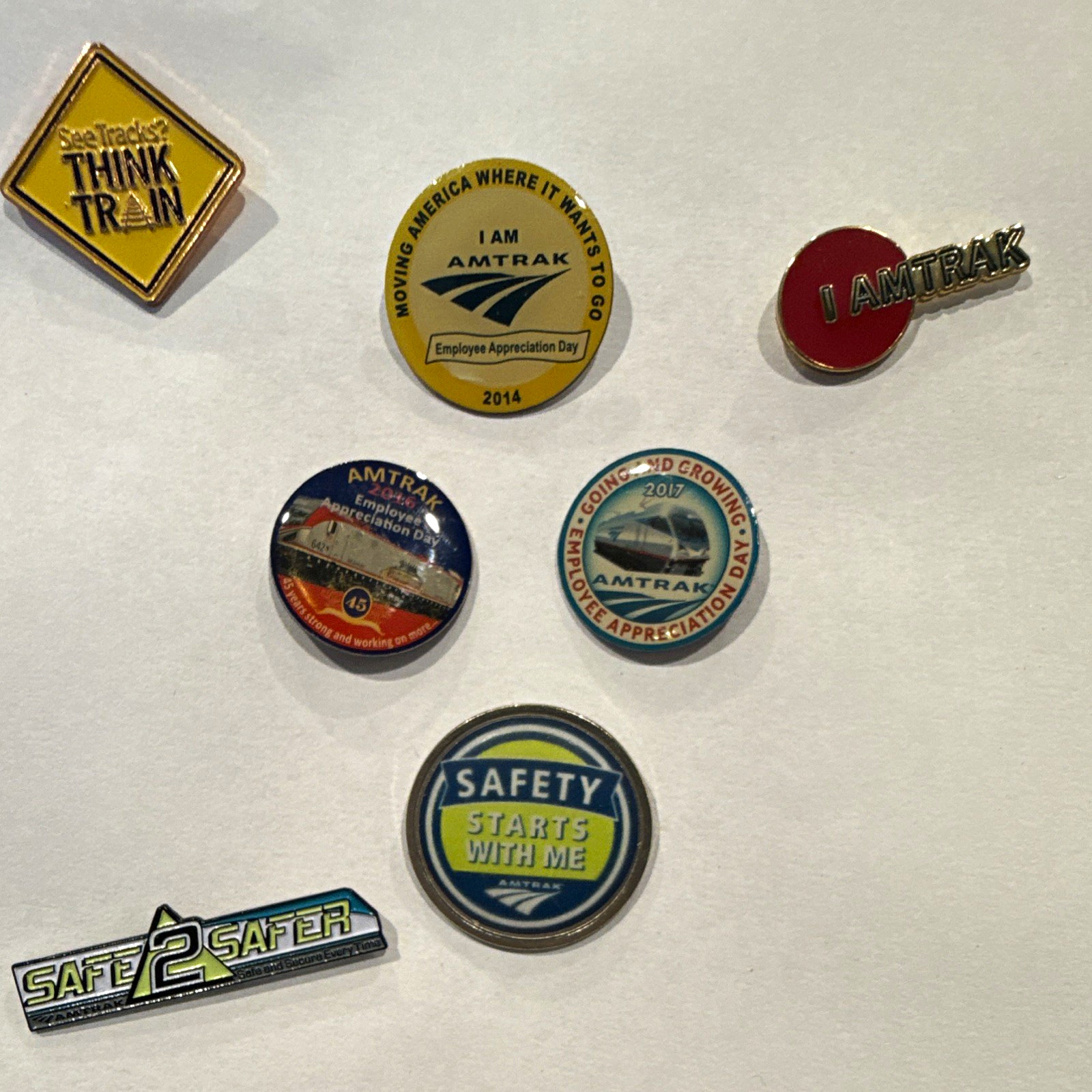 Amtrak Lot of 7 Railroad Pins (no backs) Employee Appreciation 2014/2017 Safety