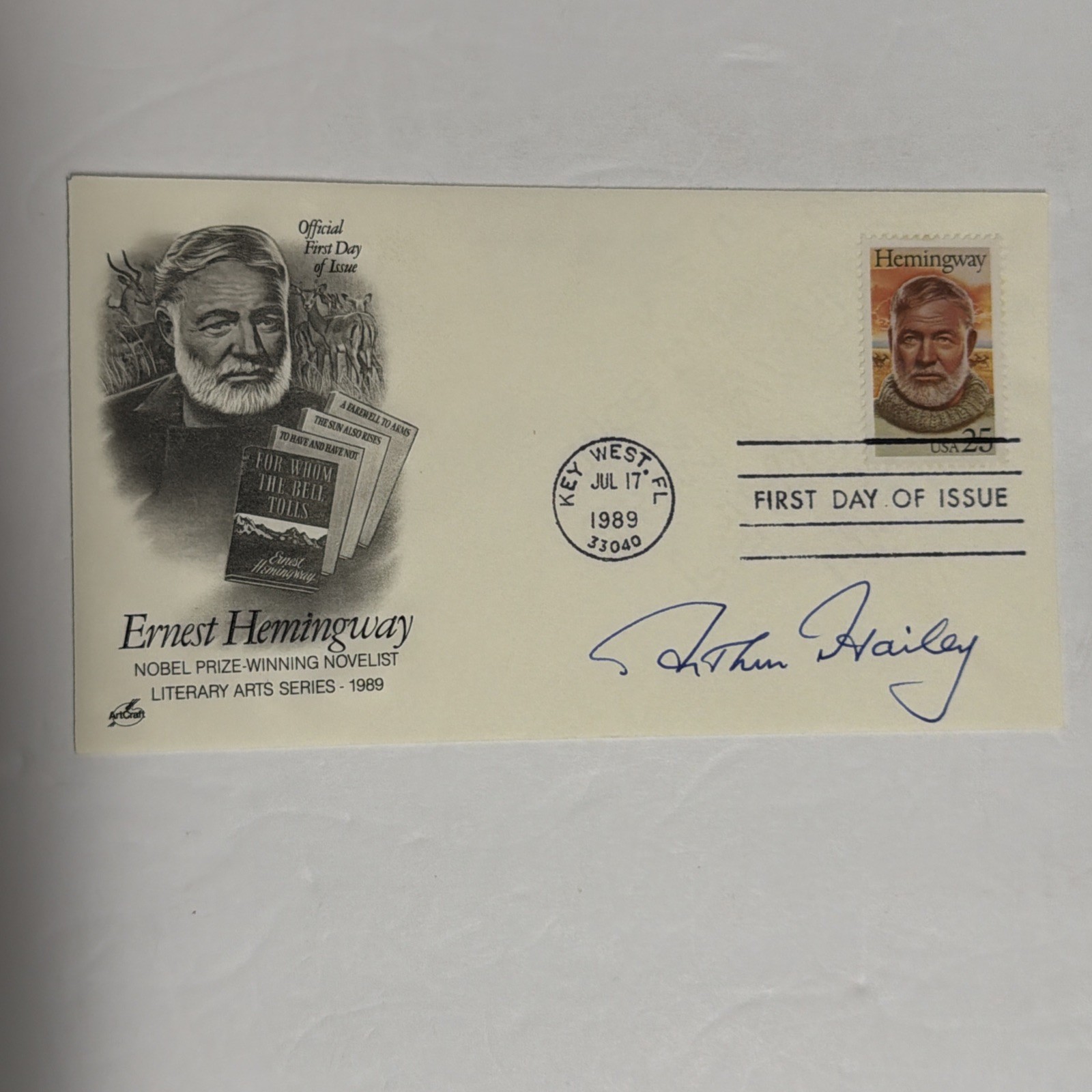 Arthur Hailey SIGNED Author Ernest Hemingway First Day Cover FDC 1989 Key West Arthur Hailey SIGNED Author Ernest Hemingway First Day Cover FDC 1989 Key West