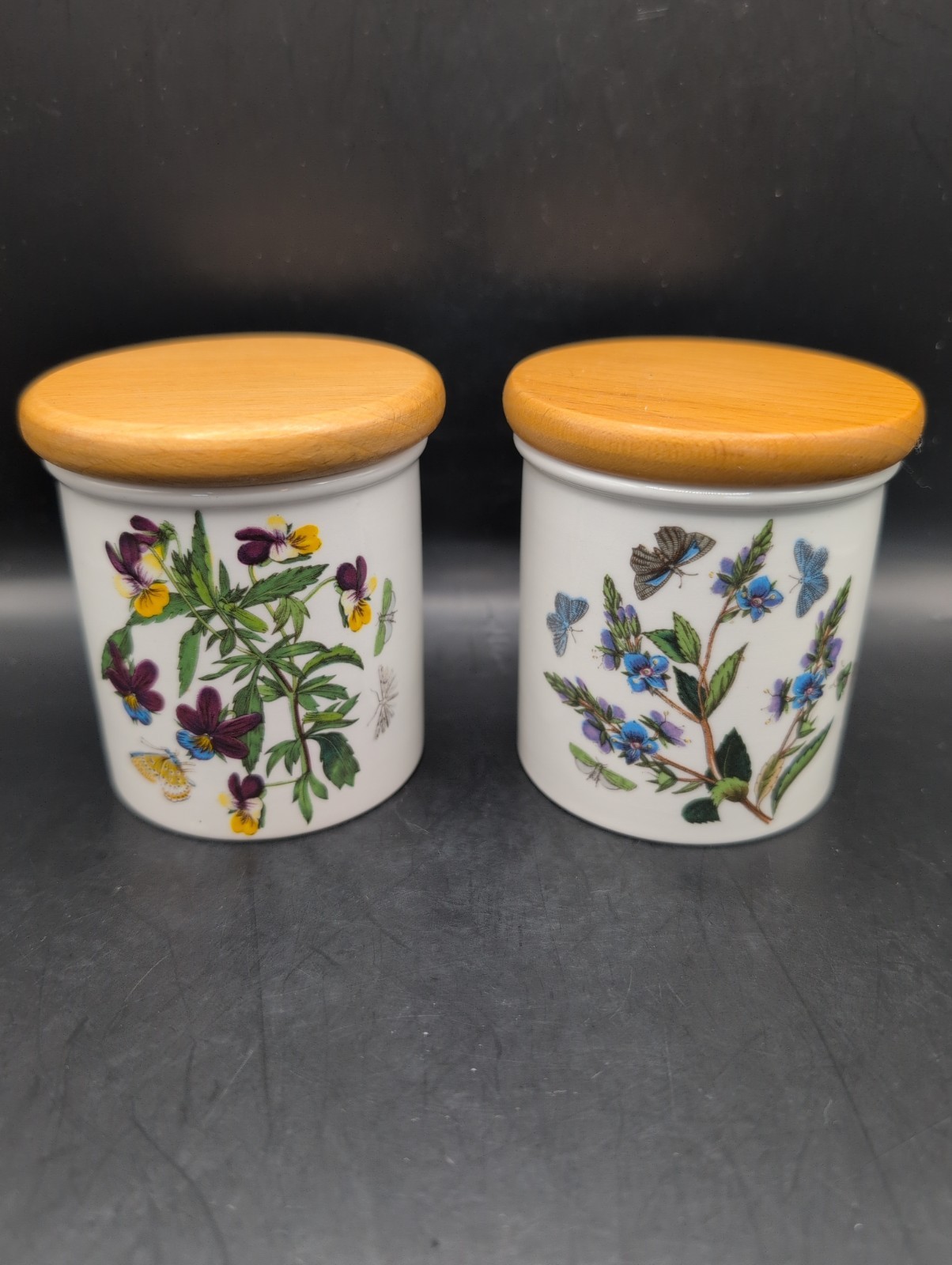 Vtg 1972 Set of 2 Portmeirion Botanic Garden Spice Jars Wood Lids England EUC