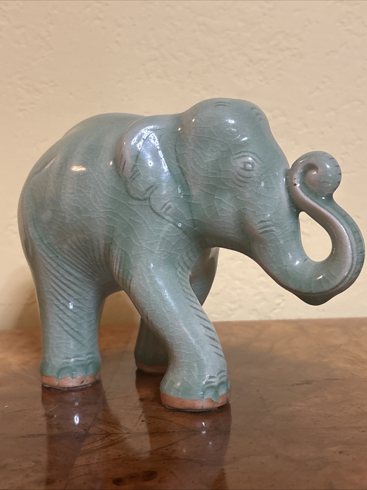Vintage Green Celadon Ceramic Elephant Figurine 5” Pottery Lucky Decor