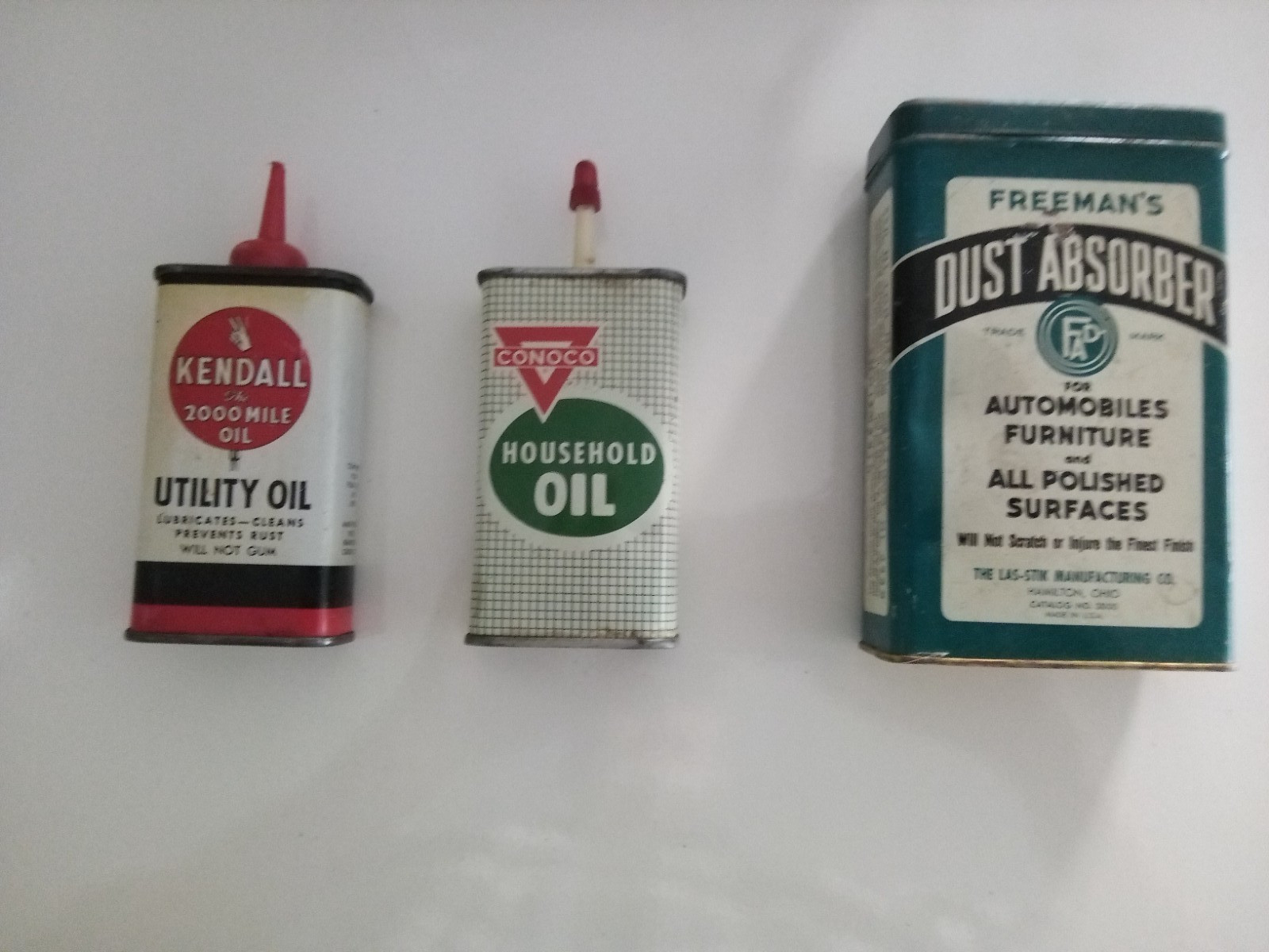 3-Vintage, Oil Tins & Dust Absorber, Kendall Utility Oil, 4 Oz,Conoco Household