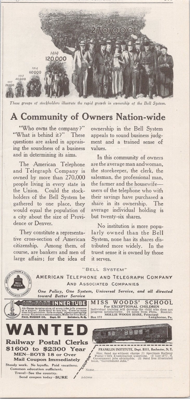 Bell System 1923 Magazine Print Ad AT&T Telephone Stockholders Vintage Original