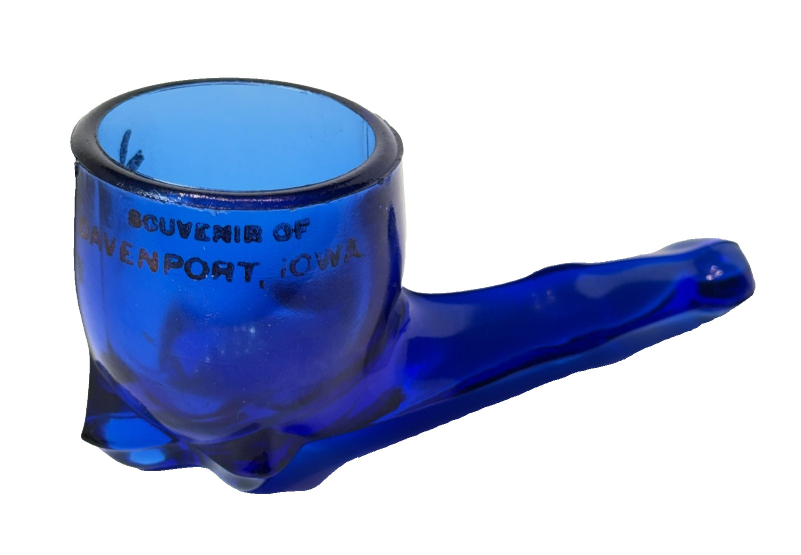 DAVENPORT  IA IOWA Antique BLUE Depression Glass Souvenir TRINKET PIPE